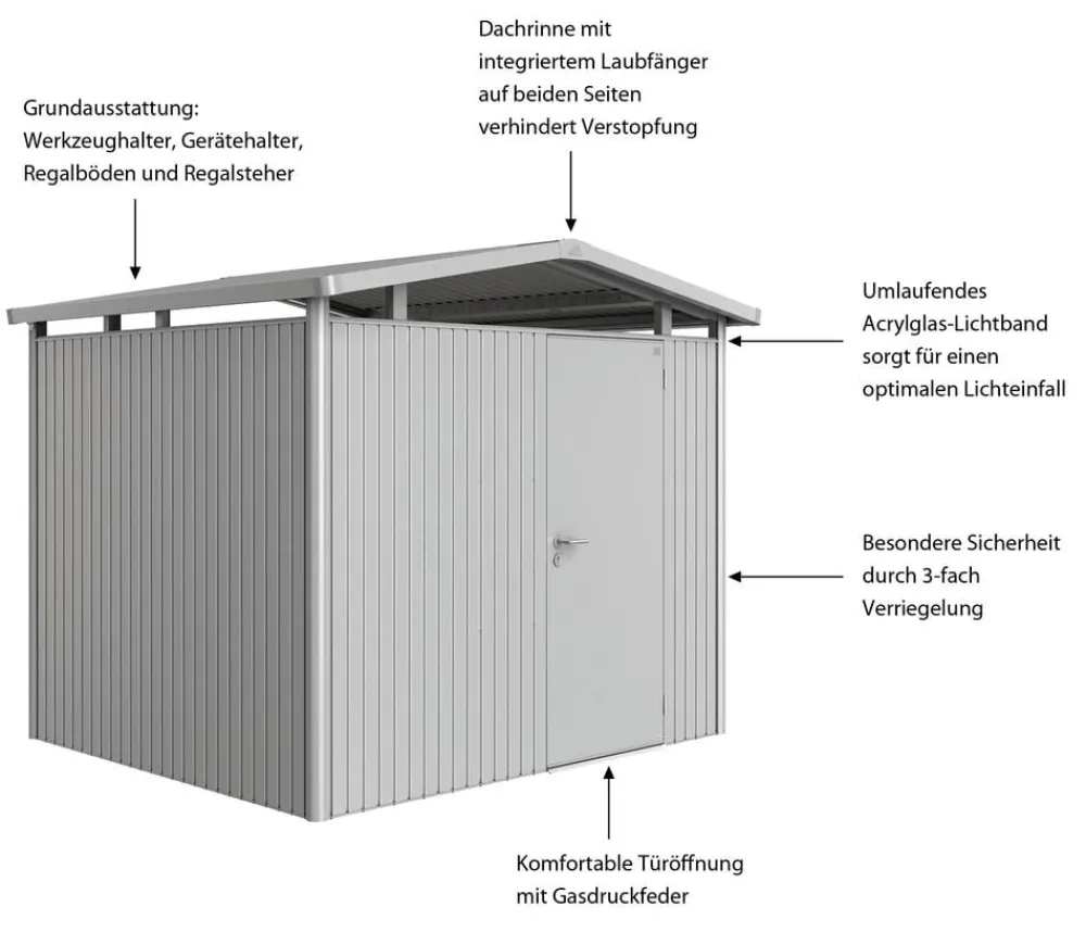 biohort Metallgerätehaus Panorama® P3, ca. B273/H227/T238 cm Silber New