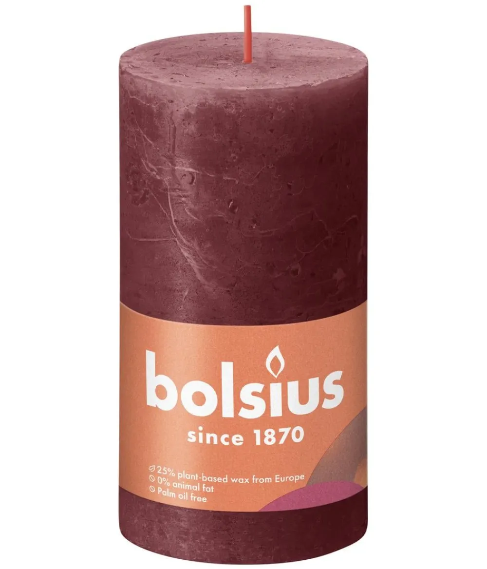 Bolsius Rustik Stumpenkerze Shine, samtrot, ca. Ø6,8/H13 cm Dunkelrot Hot