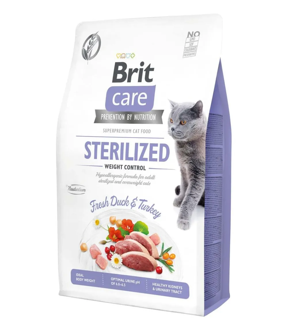 Brit care Trockenfutter Katze - Trockenfutter für Katzen Sterilized Weight Control Adult, Ente & Truthahn
