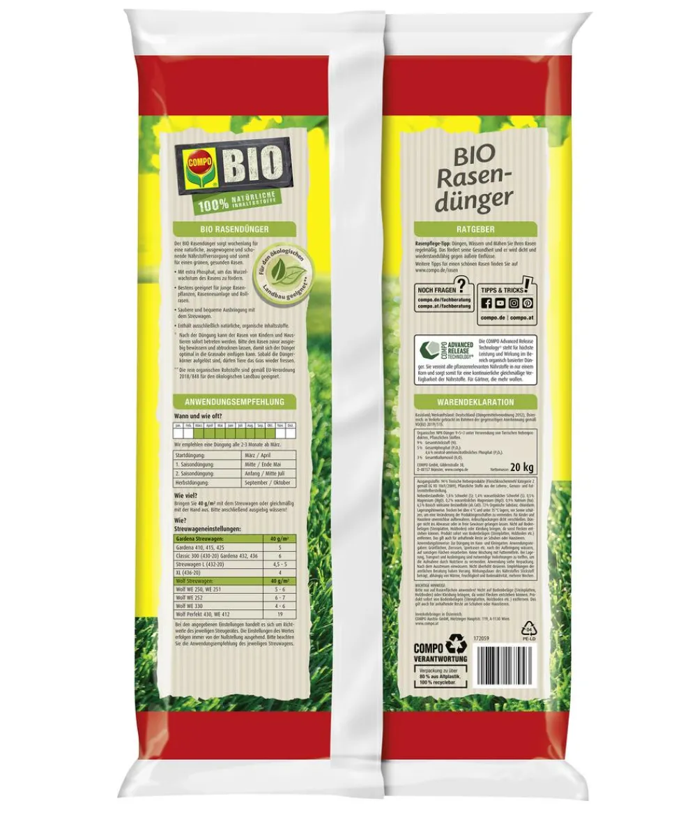 Compo BIO Rasendünger Aktionspackung, 20 kg Hot