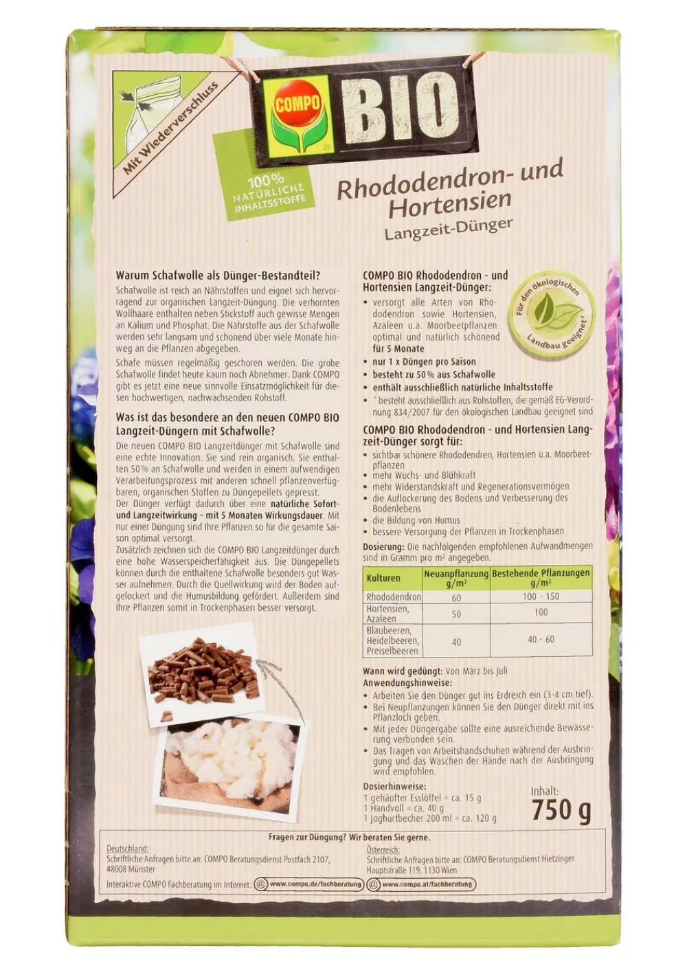Compo Blumendünger - BIO Rhododendron und Hortensien Langzeit-Dünger, 750 g