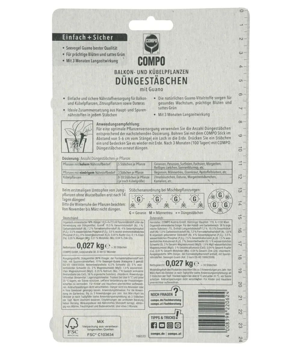 Compo Düngestäbchen für Balkon- und Kübelpflanzen, 30 Stk. New