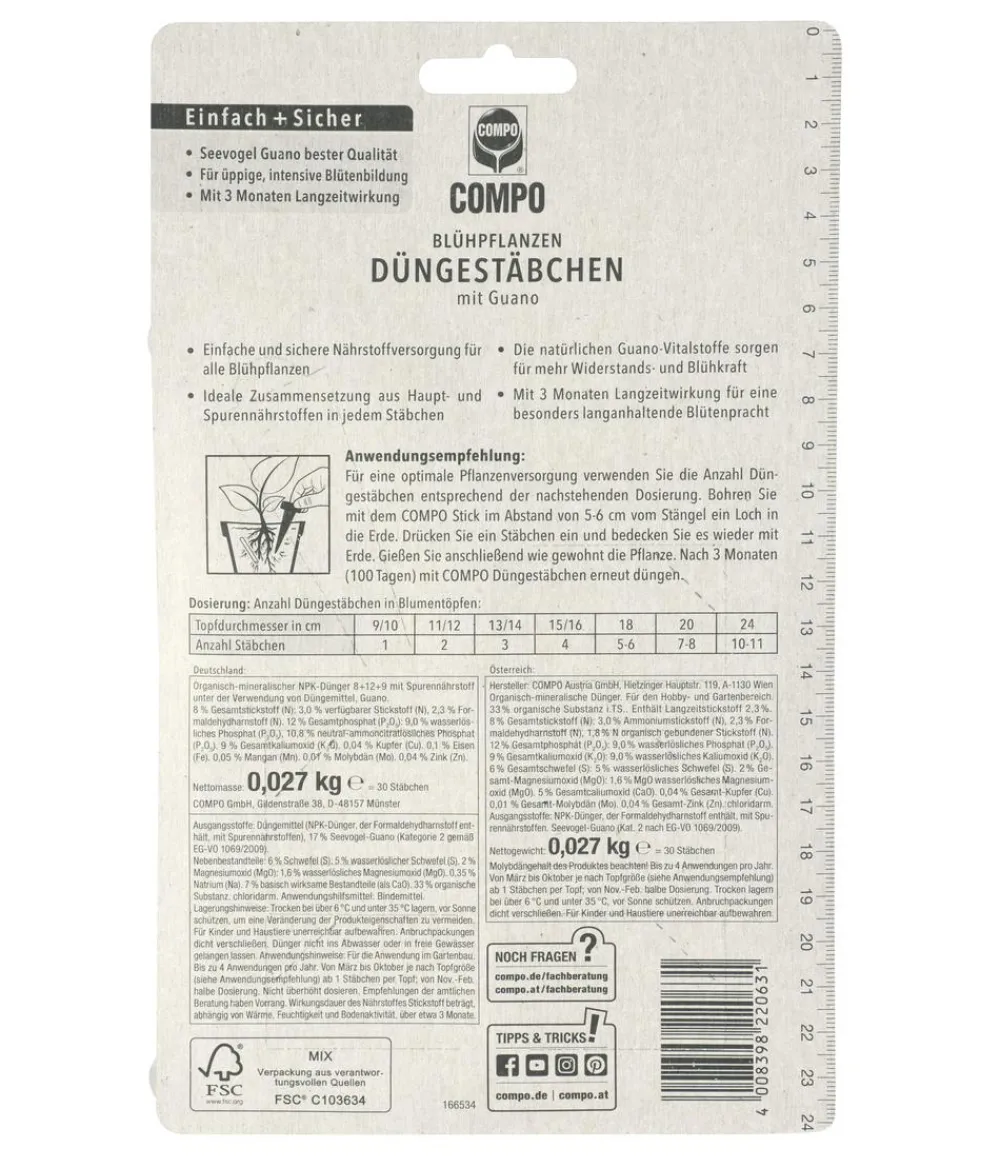 Compo Universaldünger|Blumendünger > Düngestäbchen für Blühpflanzen, 30 Stk.