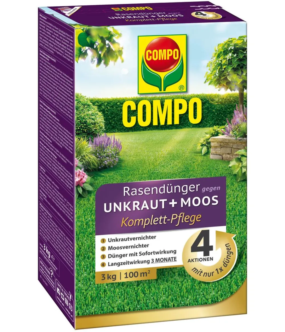 Compo Rasendünger|Unkrautvernichter - Rasendünger gegen Unkraut + Moos 4in1
