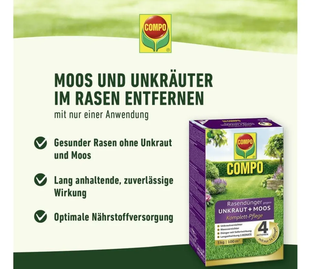 Compo Rasendünger|Unkrautvernichter - Rasendünger gegen Unkraut + Moos 4in1