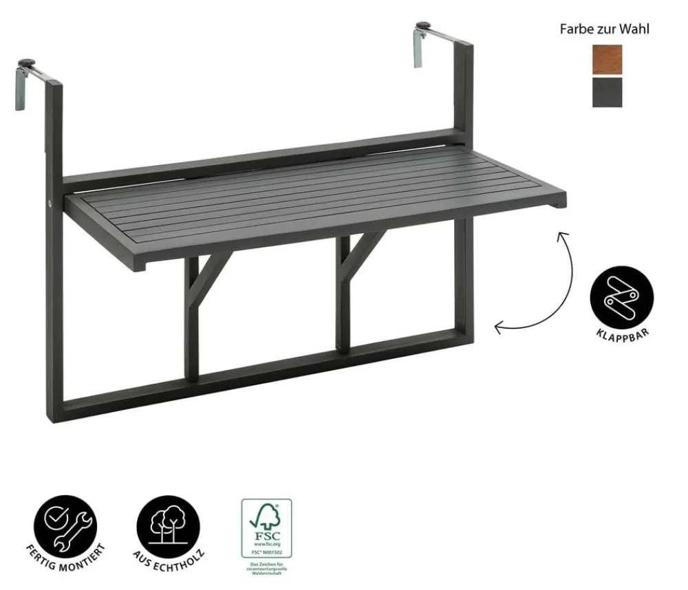Dehner Balkontische|Balkontische - Balkonhängetisch, ca. B90/H65/T41,7 cm Dunkelgrau