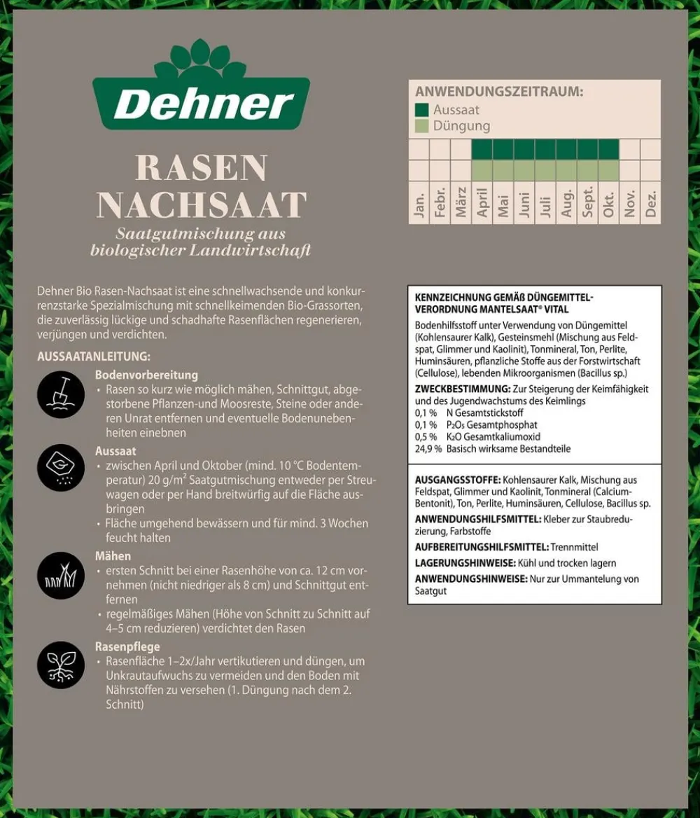 Dehner Bio Rasensamen > Rasen-Nachsaat, 500 g