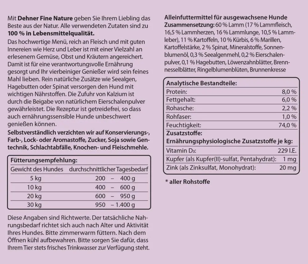 Dehner Fine Nature Nassfutter Hund > Nassfutter für Hunde Adult, Lamm mit Kartoffeln, Kürbis & Spinat