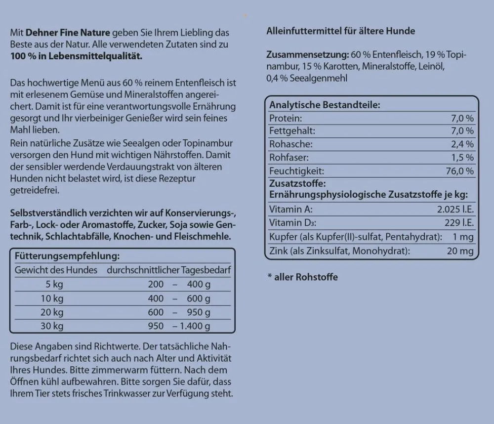 Dehner Fine Nature Nassfutter Hund - Nassfutter für Hunde Senior, Ente mit Topinambur & Karotten