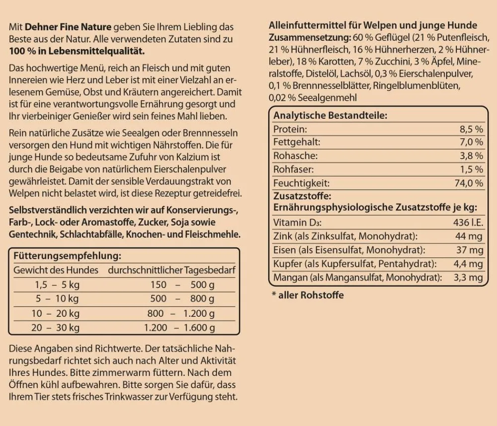 Dehner Fine Nature Nassfutter Hund - Nassfutter für Hunde Junior, Geflügel mit Zucchini, Apfel & Eierschalenpulver