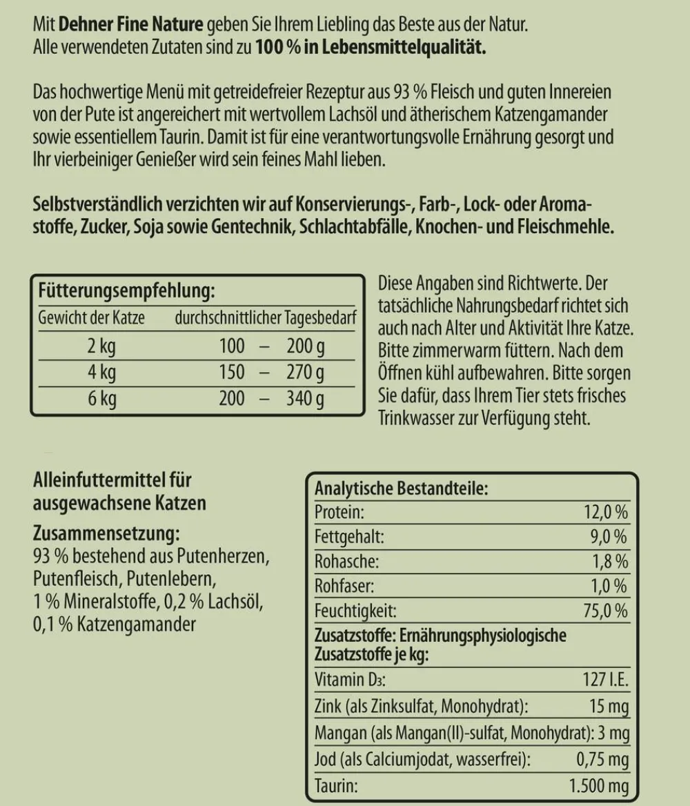 Dehner Fine Nature Nassfutter Katze > Nassfutter für Katzen Adult, Pute mit Lachsöl & Katzengamander