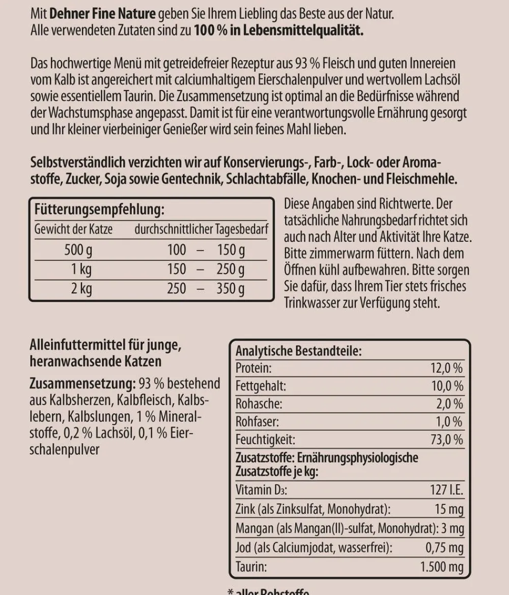 Dehner Fine Nature Nassfutter für Katzen Kitten, Kalb mit Lachsöl & Eierschalenpulver New