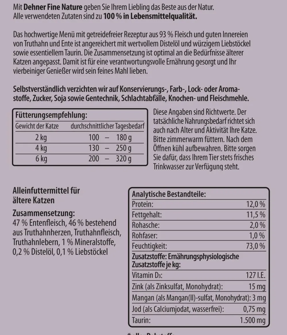 Dehner Fine Nature Nassfutter Katze - Nassfutter für Katzen Senior, Truthahn & Ente mit Distelöl & Liebstöckel