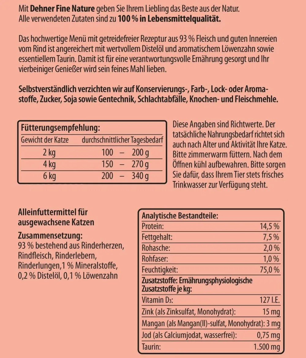 Dehner Fine Nature Nassfutter Katze - Nassfutter für Katzen Adult, Rind mit Distelöl & Löwenzahn