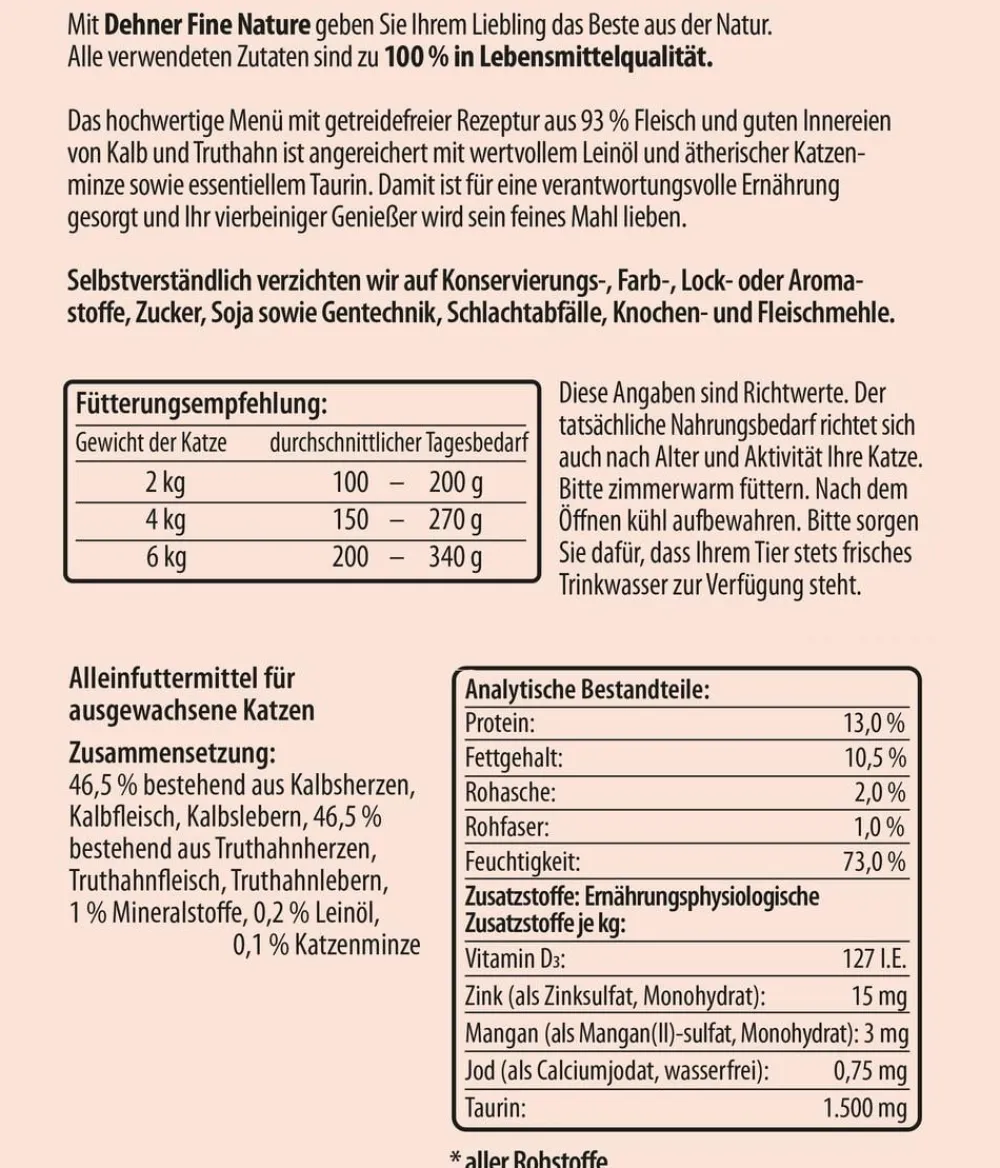 Dehner Fine Nature Nassfutter Katze - Nassfutter für Katzen Adult, Kalb & Truthahn mit Leinöl & Katzenminze
