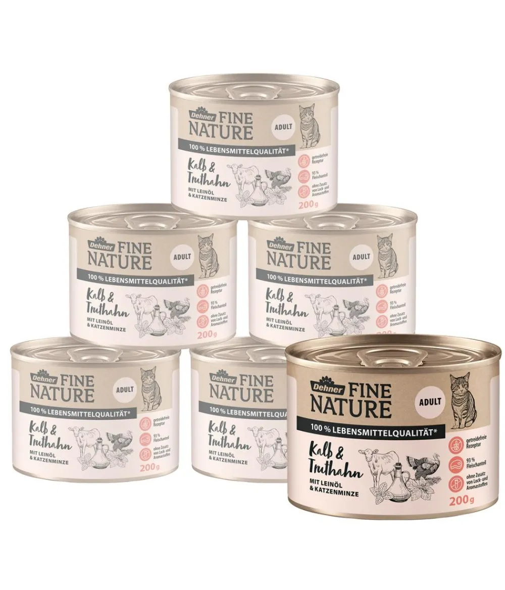 Dehner Fine Nature Nassfutter Katze - Nassfutter für Katzen Adult, Kalb & Truthahn mit Leinöl & Katzenminze