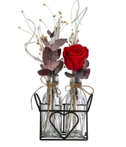 Dehner Konservierte Rosen - Glas-Arrangement mit Longlife-Rose Duo Valentin, , ca. B16/H40/T10 cm Rot