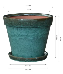 Dehner Keramik-Pflanztopf Leoni inkl. Untersetzer, konisch, ca. Ø15,5/H13 cm Grün