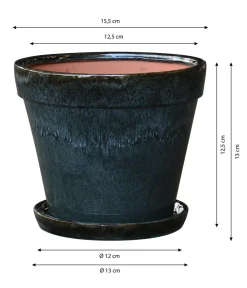 Dehner Keramik-Pflanztopf Leoni inkl. Untersetzer, konisch, ca. Ø15,5/H13 cm Schwarz Outlet