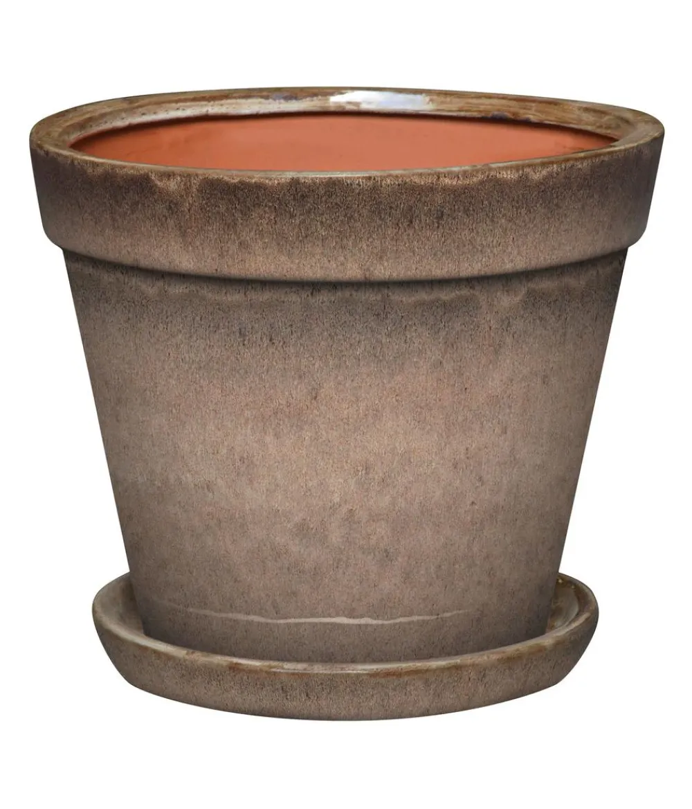 Blumentöpfe & Übertöpfe - Dehner Keramik-Pflanztopf Leoni inkl. Untersetzer, konisch, ca. Ø15,5/H13 cm Braun