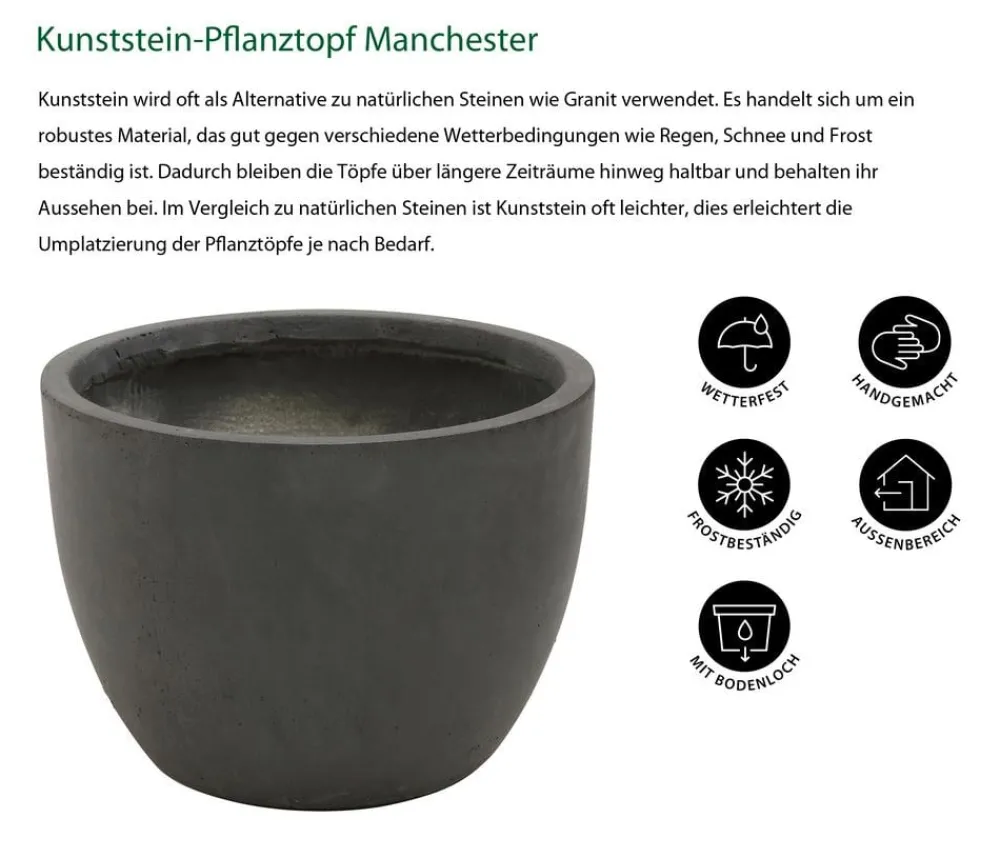 Dehner Blumentöpfe & Übertöpfe - Kunststein-Pflanztopf Manchester, rund, antik-schwarz Dunkelgrau