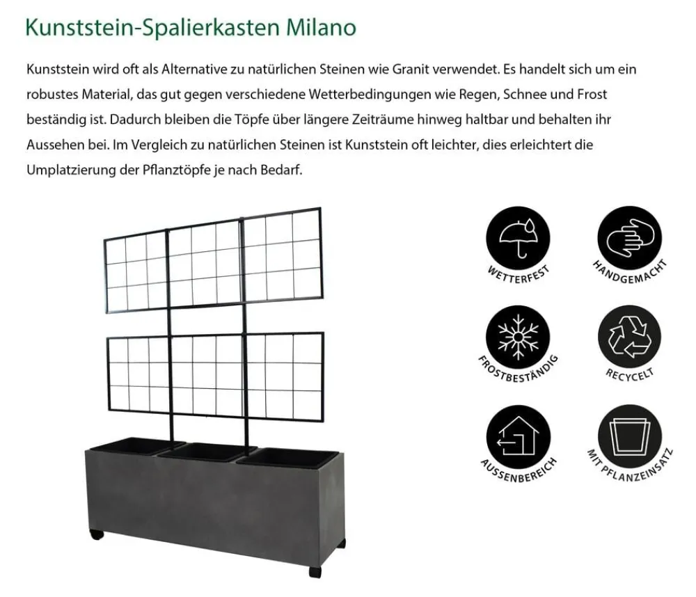 Dehner Pflanzkübel & Blumenkästen|Blumentöpfe & Übertöpfe > Kunststein-Spalierkasten Milano mit Rollen + 3 Pflanzeinsätzen, , ca. B100/H130/T35 cm