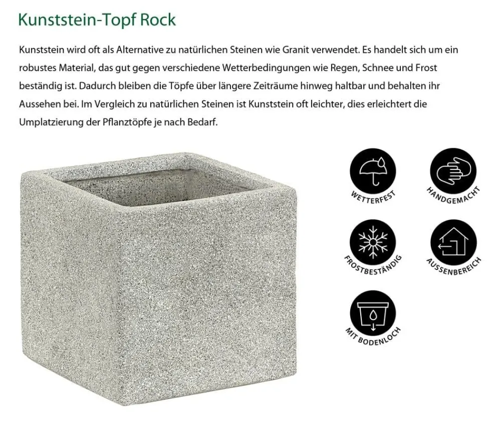 Dehner Kunststein-Topf Rock, quadratisch, Grau Outlet