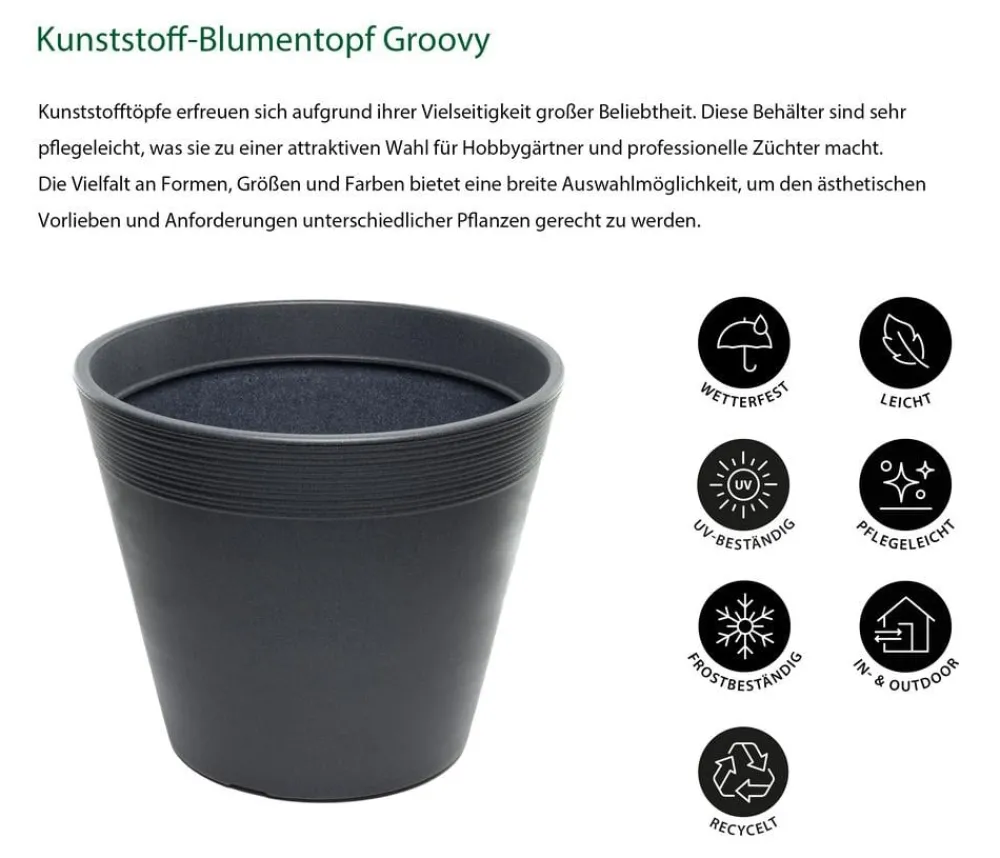 Dehner Pflanzkübel & Blumenkästen|Blumentöpfe & Übertöpfe - Kunststoff-Topf Groovy, konisch, Anthrazit