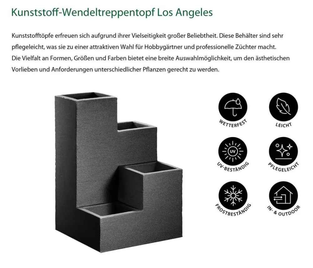 Dehner Blumentreppen - Kunststoff-Wendeltreppentopf Los Angeles, quadratisch, anthrazit, ca. B40/H60/T40 cm Dunkelgrau