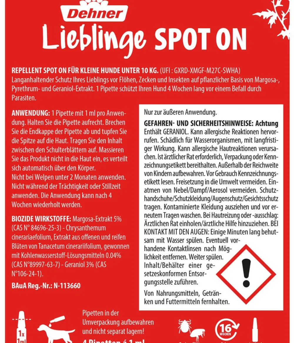 Dehner Lieblinge Ungezieferschutz|Hundepflege & Hygiene > Floh- und Zeckenschutz Spot On für kleine Hunde, 4 x 1 ml
