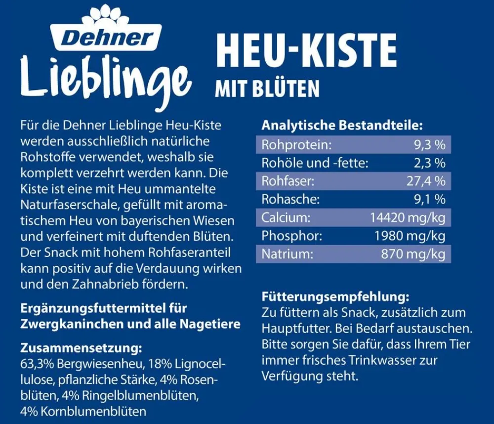 Dehner Lieblinge Heu-Kiste mit Blüten, 100 g Discount