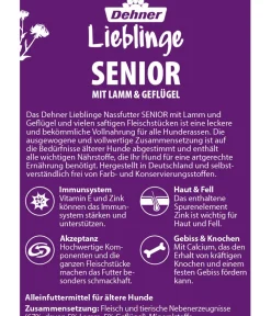 Dehner Lieblinge Nassfutter für Hunde Senior, Geflügel & Lamm, /800 g Discount
