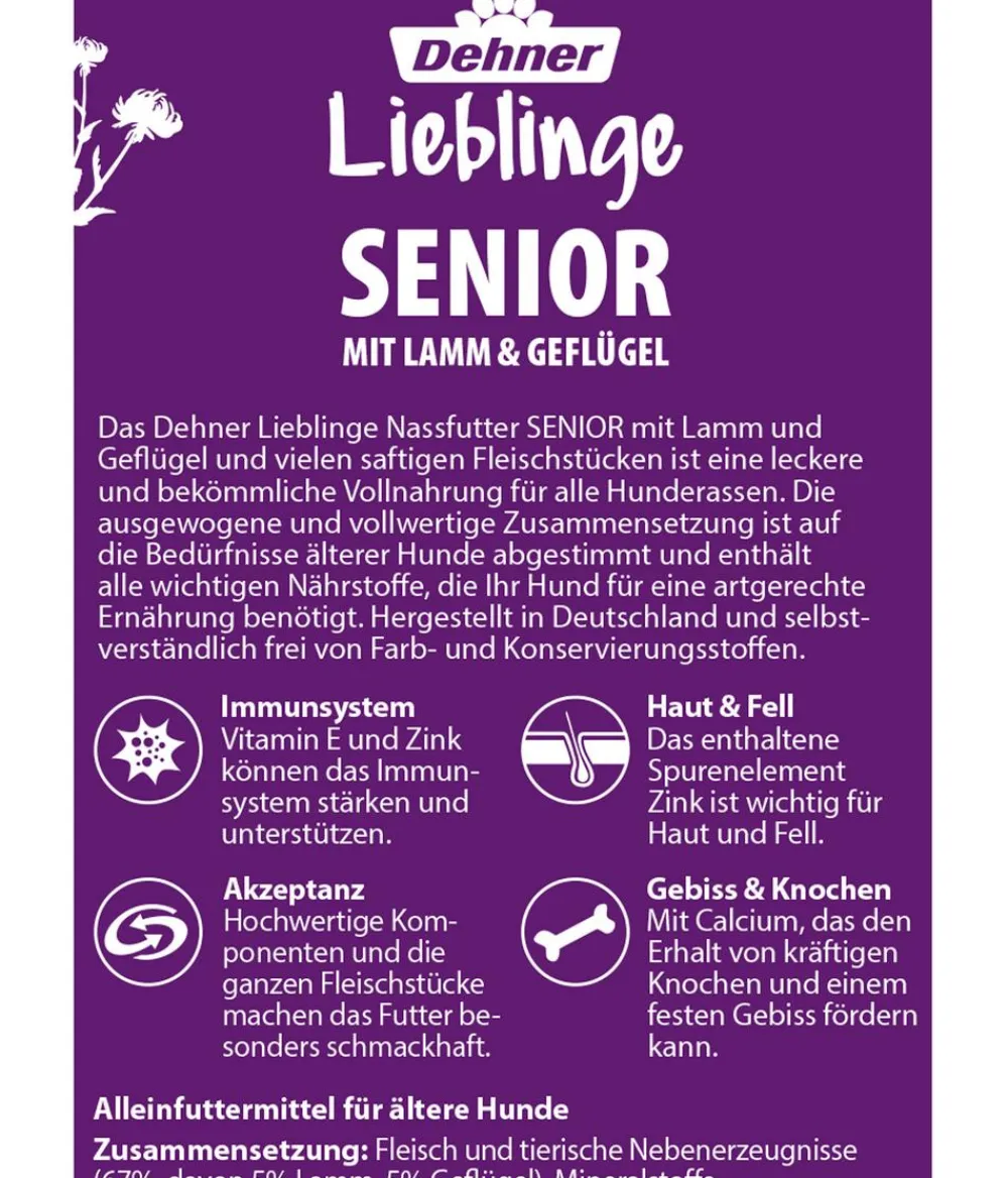 Dehner Lieblinge Nassfutter für Hunde Senior, Geflügel & Lamm, /800 g Discount