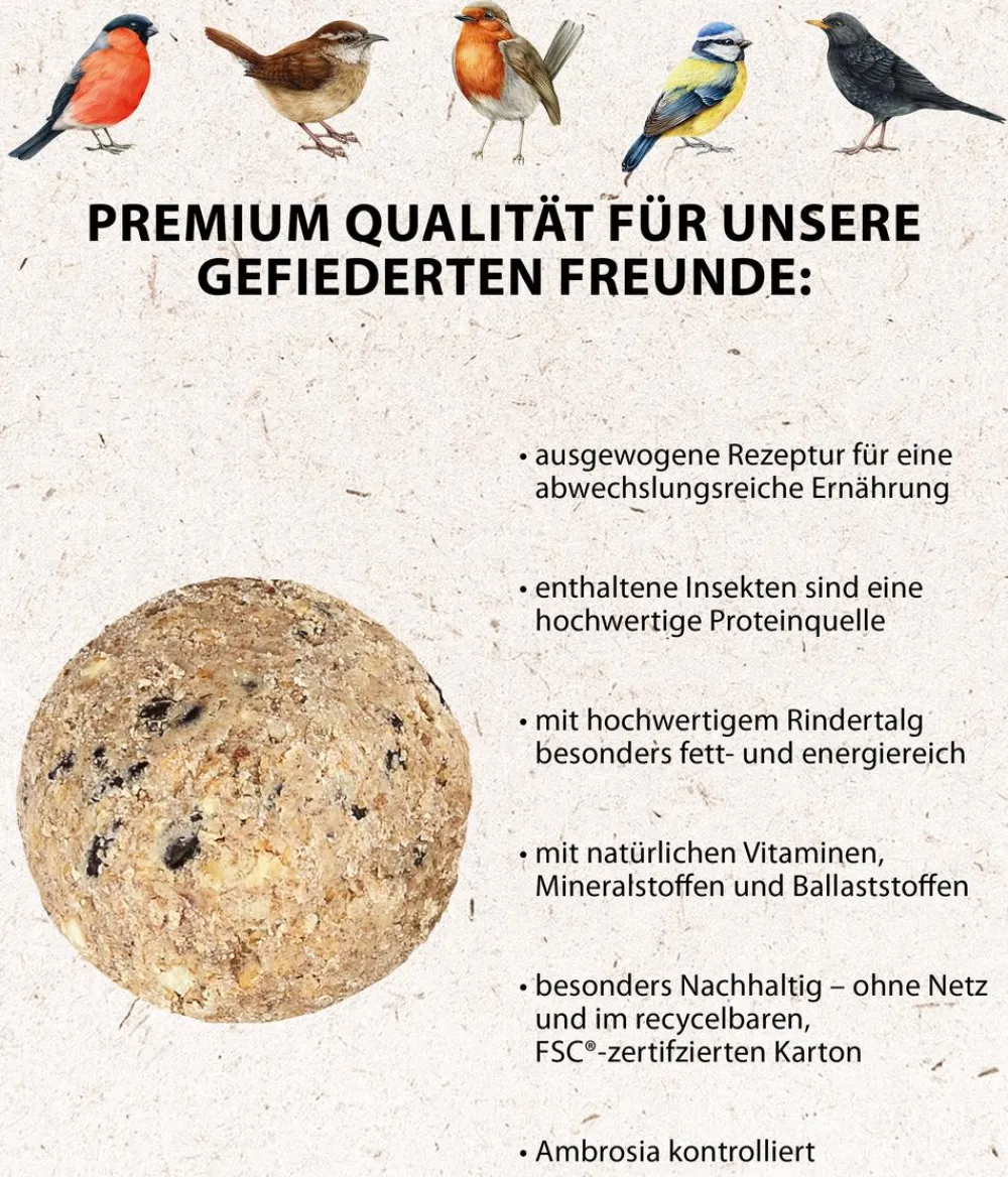 Dehner Natura Premium Wildvogelfutter Insekten-Meisenknödel im Karton, ohne Netz, 100 Stk. Best