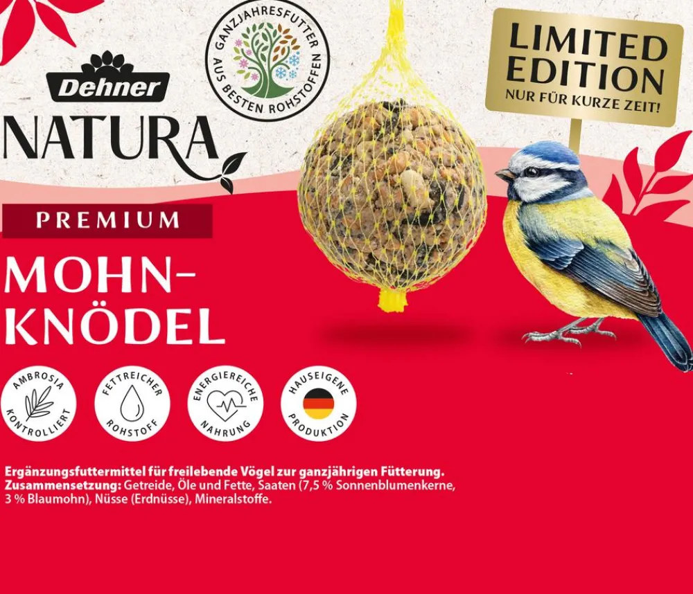 Dehner Natura Premium Meisenknödel - Wildvogelfutter Mohn-Meisenknödel im Eimer, mit Netz, 30 Stk.