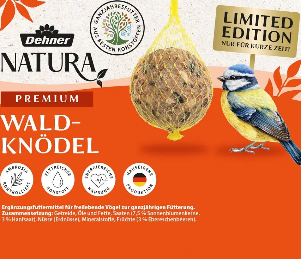 Dehner Natura Premium Meisenknödel - Wildvogelfutter Wald-Meisenknödel im Eimer, mit Netz, 30 Stk.