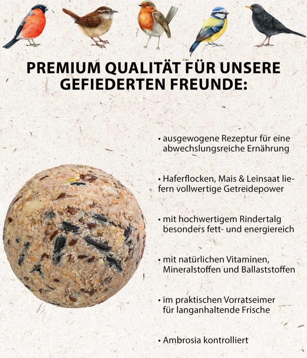 Dehner Natura Premium Meisenknödel - Wildvogelfutter Müsli-Meisenknödel im Eimer, mit Netz, 30 Stk.