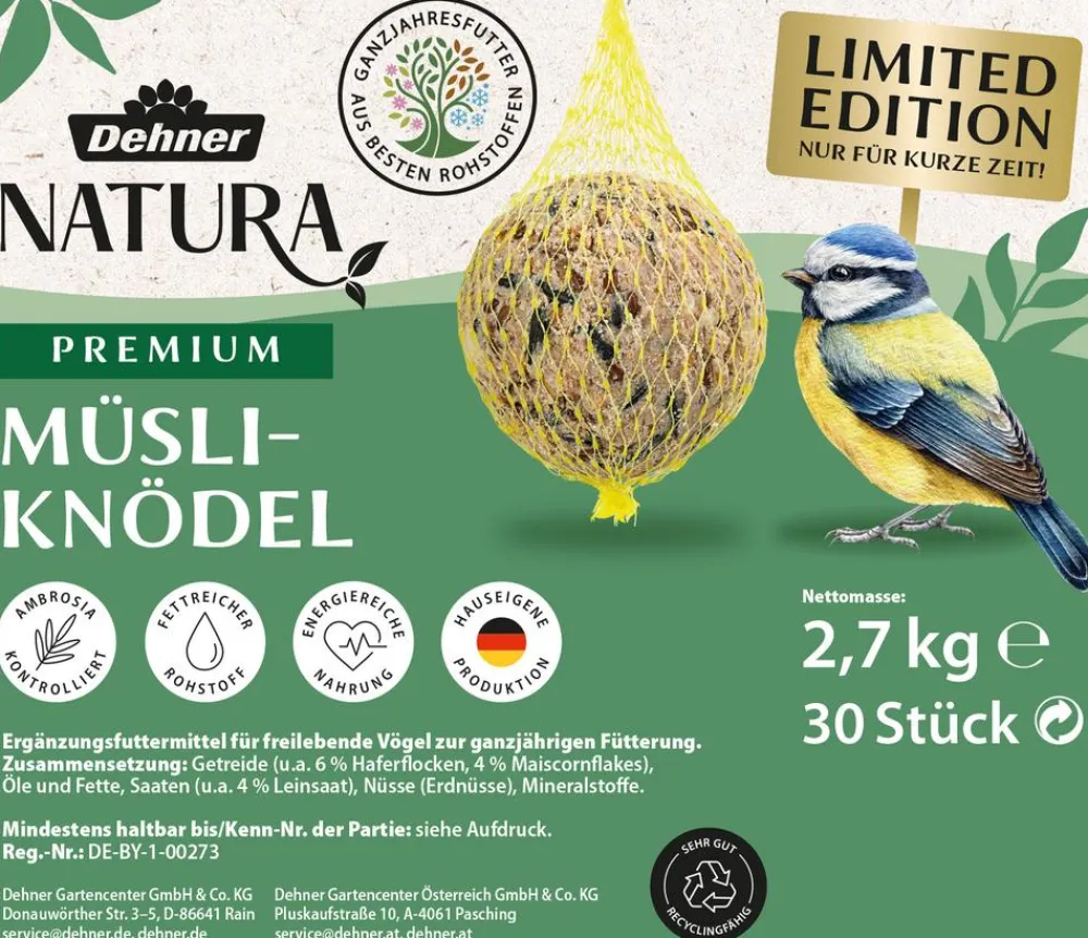 Dehner Natura Premium Meisenknödel - Wildvogelfutter Müsli-Meisenknödel im Eimer, mit Netz, 30 Stk.