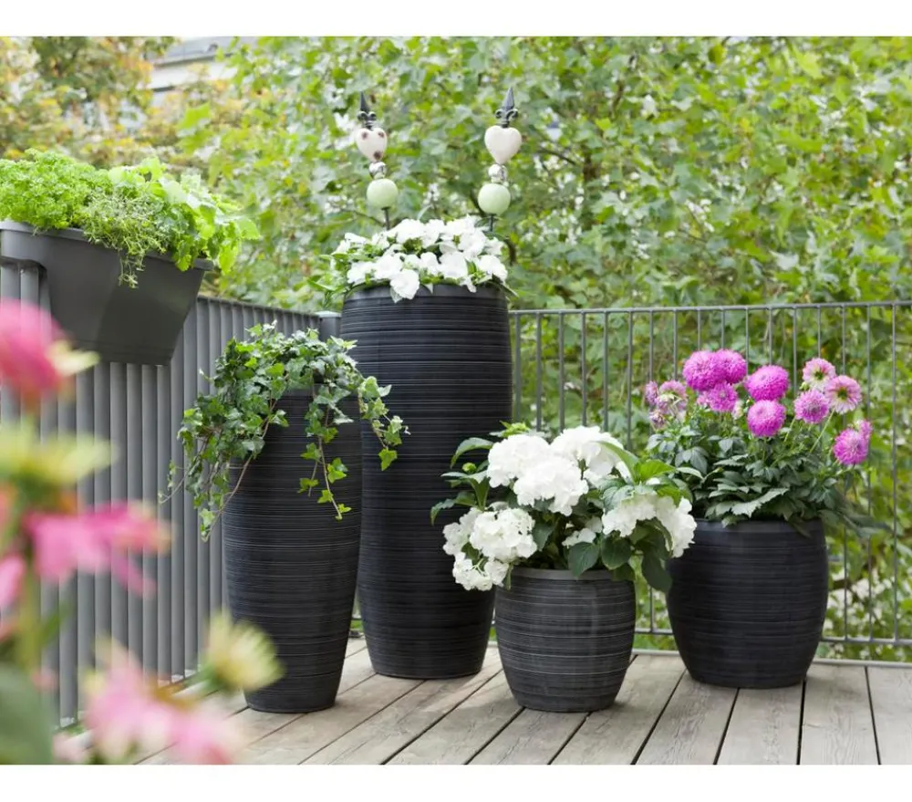 Dehner Polystone-Pflanzvase Singapur in Riffeloptik, rund, anthrazit Dunkelgrau Outlet