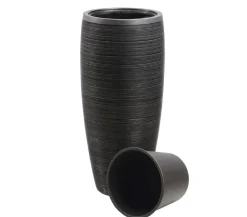 Dehner Polystone-Pflanzvase Singapur in Riffeloptik, rund, anthrazit Dunkelgrau Outlet