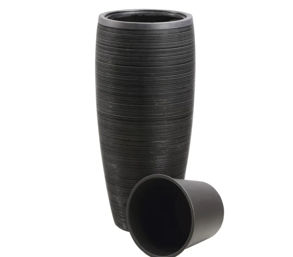Dehner Polystone-Pflanzvase Singapur in Riffeloptik, rund, anthrazit Dunkelgrau Outlet