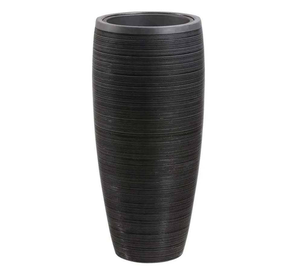 Dehner Polystone-Pflanzvase Singapur in Riffeloptik, rund, anthrazit Dunkelgrau Outlet