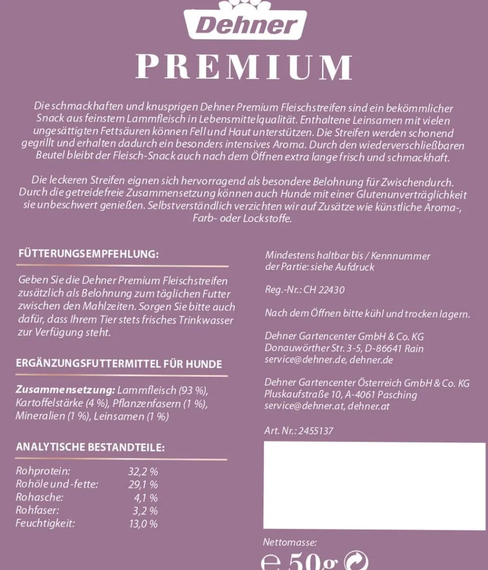 Dehner Premium Hundeleckerlies > Hundesnack Fleischstreifen, Lamm, 50 g