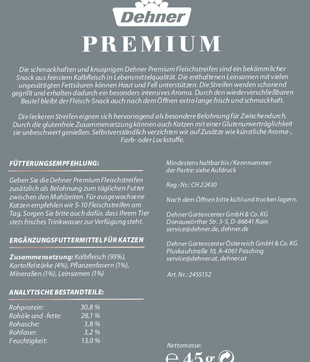 Dehner Premium Katzenleckerlies & Getränke > Katzensnack Fleischstreifen, Kalb, 45 g