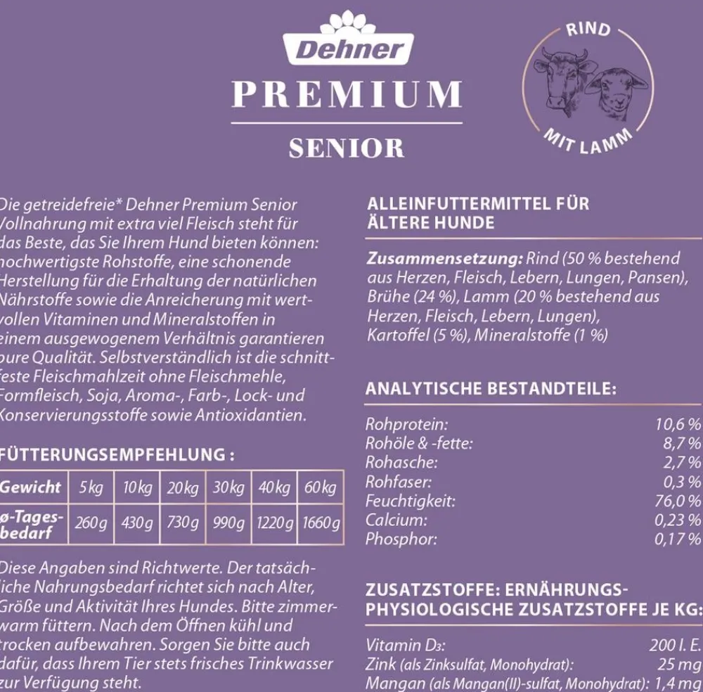 Dehner Premium Nassfutter Hund - Nassfutter für Hunde Senior, Rind mit Lamm