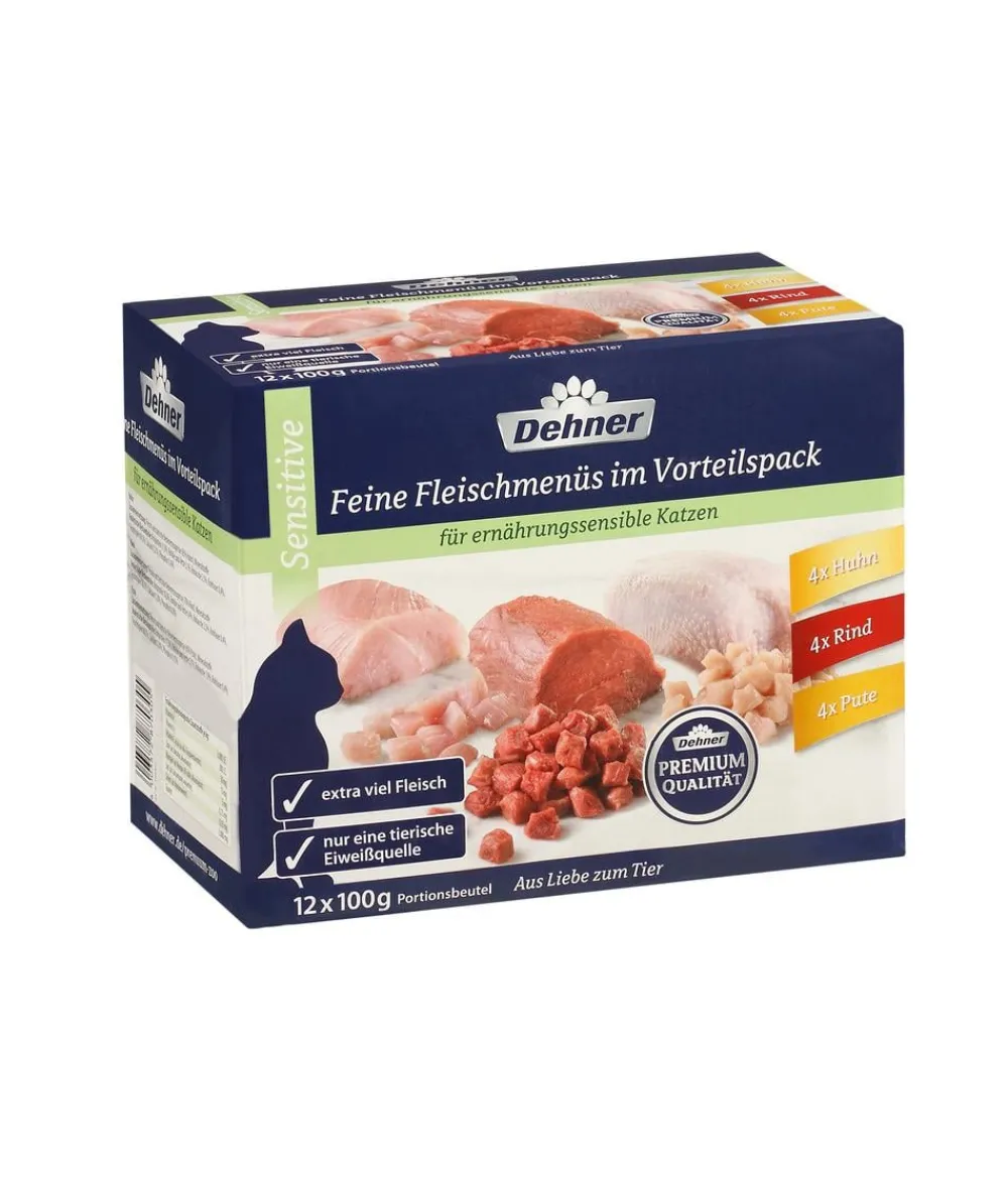 Dehner Premium Nassfutter Katze - Nassfutter für Katzen Feine Fleischmenüs im Vorteilspack Sensitive Adult, 12 x 100 g