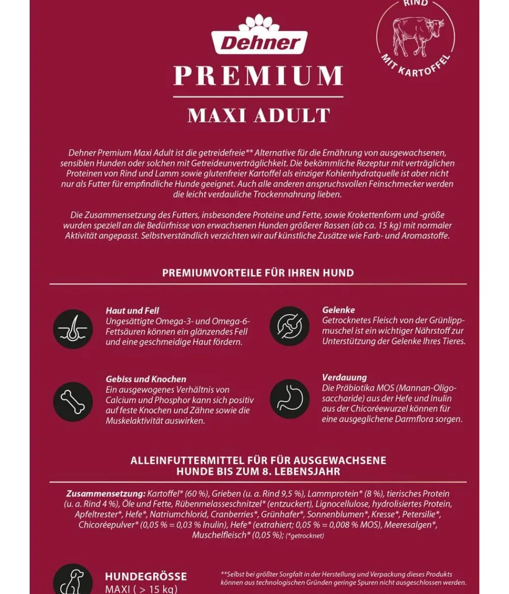 Dehner Premium Trockenfutter Hund > Trockenfutter für Hunde Maxi Adult, Rind & Kartoffel