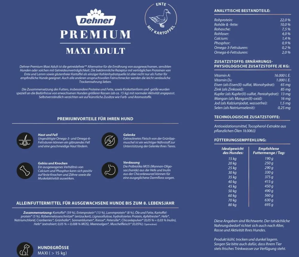 Dehner Premium Trockenfutter Hund - Trockenfutter für Hunde Maxi Adult, Ente & Kartoffel