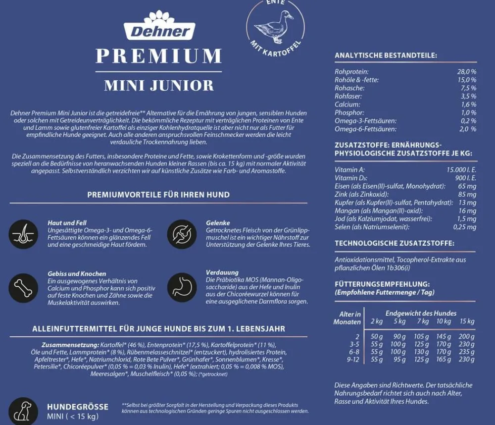 Dehner Premium Trockenfutter für Hunde Mini Junior, Ente & Kartoffel Online