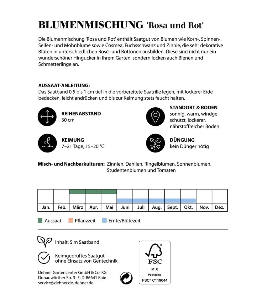 Dehner Blumensamen > Saatband Blumenmischung 'Rosa und Rot', L5 m